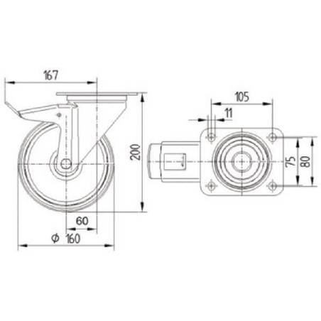 Roulettes pivotantes en acier inoxydable à bandage en matière synthétique TENTE 8477UAD160P63